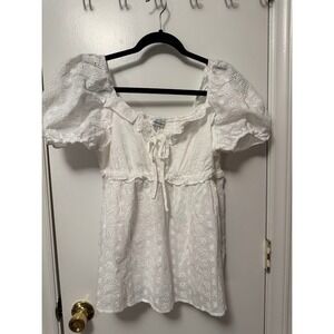 Motherhood Maternity Empire Waist Eyelet White Puff Sleeve Top Large